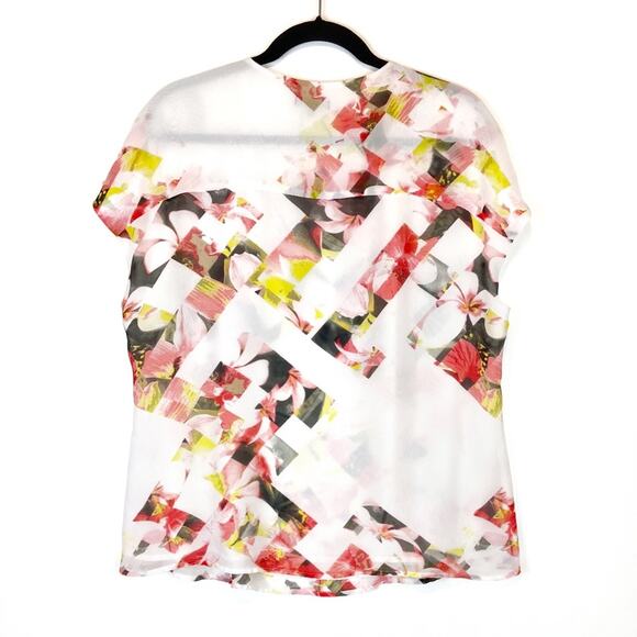 Vince Camuto White Floral Lattice Print Top - Lg - Picture 2 of 7